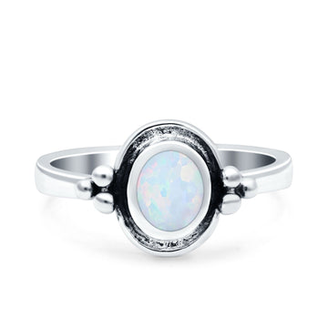 Petite Dainty Round Lab Created White Opal Solitaire Band Oxidized Braided 925 Sterling Silver